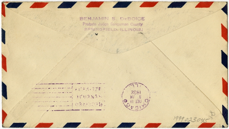 Image: airmail flight cover: Lincoln’s Home Philatelic Society, Springfield, Illinois
