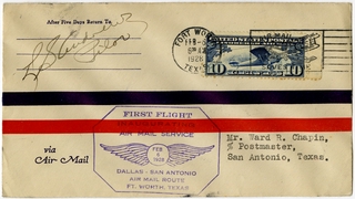 Image: airmail flight cover: first airmail flight, Dallas and San Antonio - Ft. Worth, Texas route
