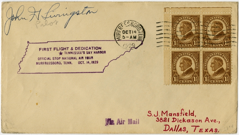 Image: airmail flight cover: Tennessee’s Sky Harbor, first flight and dedication