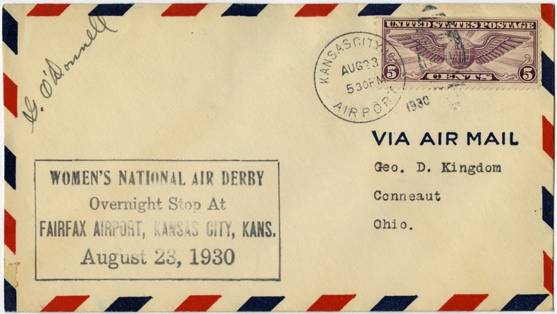 Image: airmail flight cover: Women’s National Air Derby, Fairfax Airport, Kansas City, Kansas
