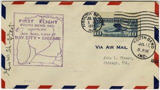 Image: airmail flight cover: first airmail flight, CAM-27, South Bend, Indiana - Chicago route
