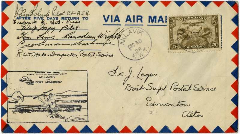 Image: airmail flight cover: Canada Air Mail, first flight, Aklavik - Fort McMurray route