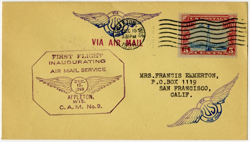 Image: airmail flight cover: First airmail flight, CAM-9, Appleton, Wisconsin - San Francisco route