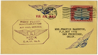 Image: airmail flight cover: First airmail flight, CAM-9, Appleton, Wisconsin - San Francisco route