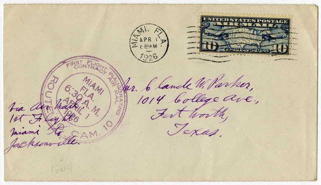 Airmail flight cover: First airmail flight, CAM-10, Miami - Jacksonville