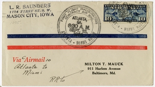 Image: airmail flight cover: First airmail flight, CAM-10, Atlanta - Miami route