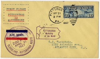 Image: airmail flight cover: First airmail flight, CAM, Cleveland - Pittsburgh route