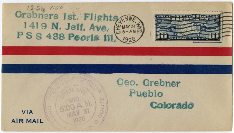 Image: airmail flight cover: First airmail flight, CAM, Cheyenne, Wyoming - Pueblo, Colorado route