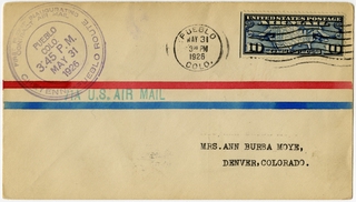 Image: airmail flight cover: First airmail flight, CAM, Cheyenne, Wyoming - Pueblo, Colorado route