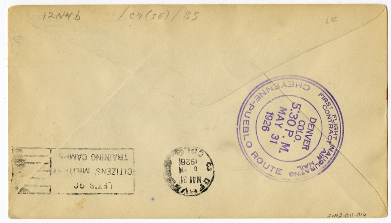 Image: airmail flight cover: First airmail flight, CAM, Cheyenne, Wyoming - Pueblo, Colorado route