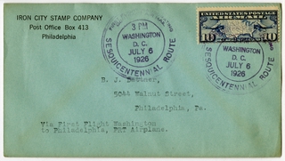 Image: airmail flight cover: First airmail flight, CAM, Sesquicentennial route, Washington, DC