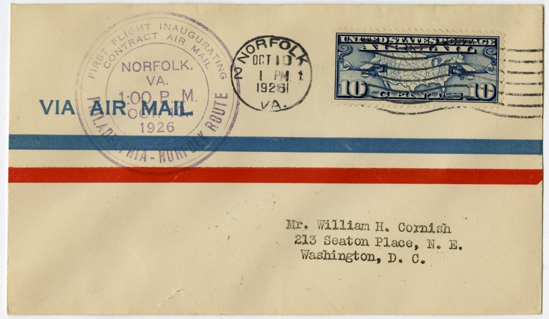 Image: airmail flight cover: First airmail flight, CAM, Philadelphia - Norfolk route