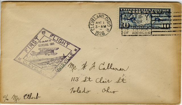 Airmail flight cover: First airmail flight, CAM-16, Cleveland - Louisville route