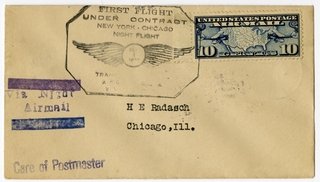 Image: airmail flight cover: First airmail flight, CAM-17, night airmail, New York - Chicago route