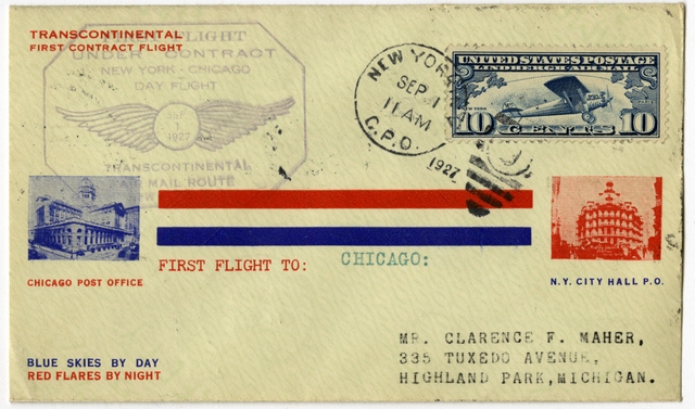 Airmail flight cover: First airmail flight, Transcontinental Air Mail, New York - Chicago route