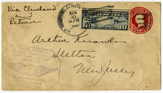 Image: airmail flight cover: First airmail flight, Transcontinental Air Mail, New York - Chicago route, Cleveland