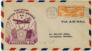 Image: airmail flight cover: United States Air Mail, AM-1, first airmail flight, Allentown, Pennsylvania