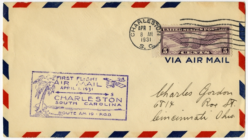 Image: airmail flight cover: First airmail flight, AM-19, Charleston