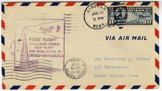Image: airmail flight cover: First airmail flight, CAM-18, Chicago - San Francisco route, Lincoln, Nebraska