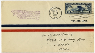 Image: airmail flight cover: First airmail flight, CAM-19, New York - Atlanta route