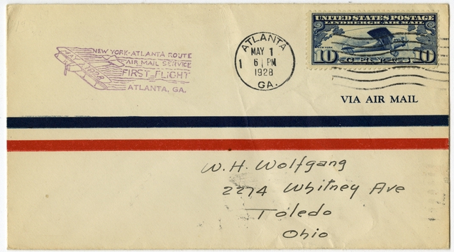 Airmail flight cover: First airmail flight, CAM-19, New York - Atlanta route