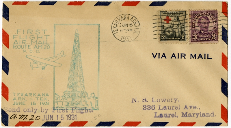 Image: airmail flight cover: First airmail flight, AM-20, Texarkana