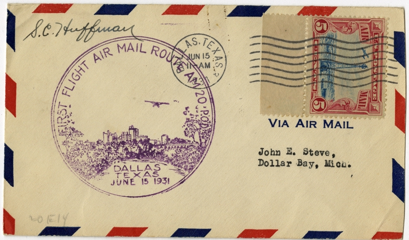Image: airmail flight cover: First airmail flight, AM-20, Dallas, Texas