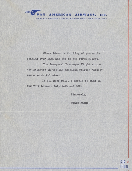 Image: airmail flight cover: Pan American Airways, Boeing 314 “Dixie Clipper”, Clara Adams