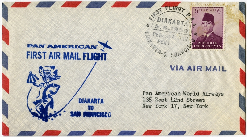 Image: airmail flight cover: Pan American World Airways, first airmail flight, Djakarta - San Francisco route