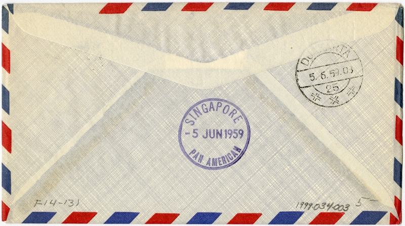 Image: airmail flight cover: Pan American World Airways, first airmail flight, Singapore - Djakarta route