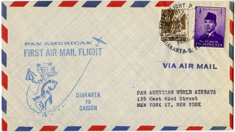 Image: airmail flight cover: Pan American World Airways, first airmail flight, Djakarta - Saigon route