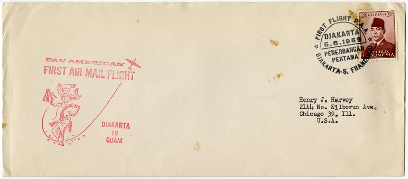 Image: airmail flight cover: Pan American World Airways, first airmail flight, Djakarta - Guam route