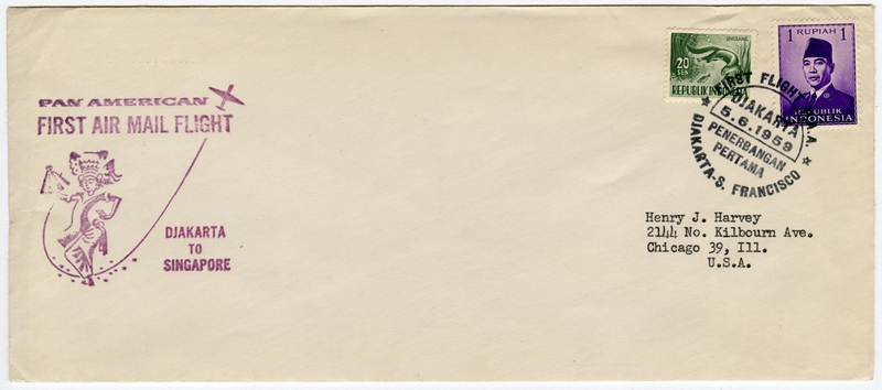 Image: airmail flight cover: Pan American World Airways, first airmail flight, Djakarta - Singapore route