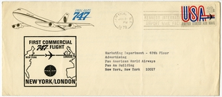 Image: airmail flight cover: Pan American World Airways, first commercial Boeing 747 flight, New York - London route