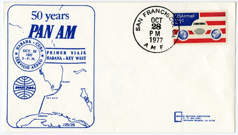Image: airmail flight cover: Pan American World Airways, Havana - Key West route, 50th anniversary