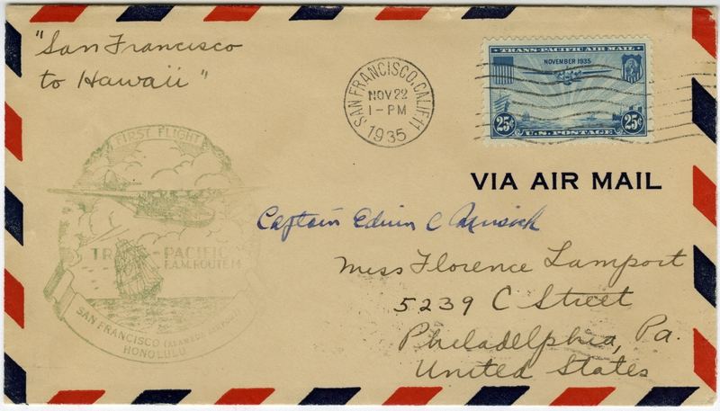 Image: airmail flight cover: Pan American Airways, FAM-14, first transpacific airmail flight, San Francisco (Alameda) - Honolulu route
