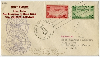 Image: airmail flight cover: Pan American Airways, first airmail flight, FAM-14, San Francisco - Hong Kong route