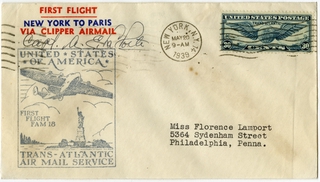 Image: airmail flight cover: Transatlantic Air Mail Service, first airmail flight, FAM-18, first airmail flight, New York