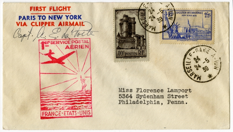 Image: airmail flight cover: Pan American Airways, Paris - New York route