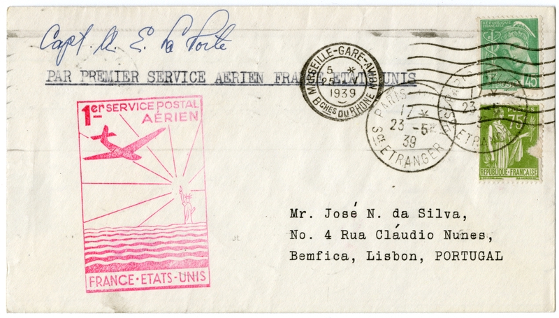 Image: airmail flight cover: Pan American Airways, first airmail flight, France - United States route