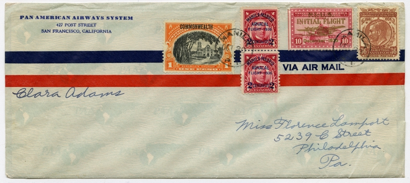 Image: airmail flight cover: Pan American Airways, Clara Adams