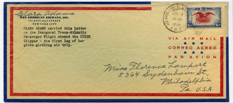 Image: airmail flight cover: Pan American Airways, Boeing 314 “Dixie Clipper”, Clara Adams