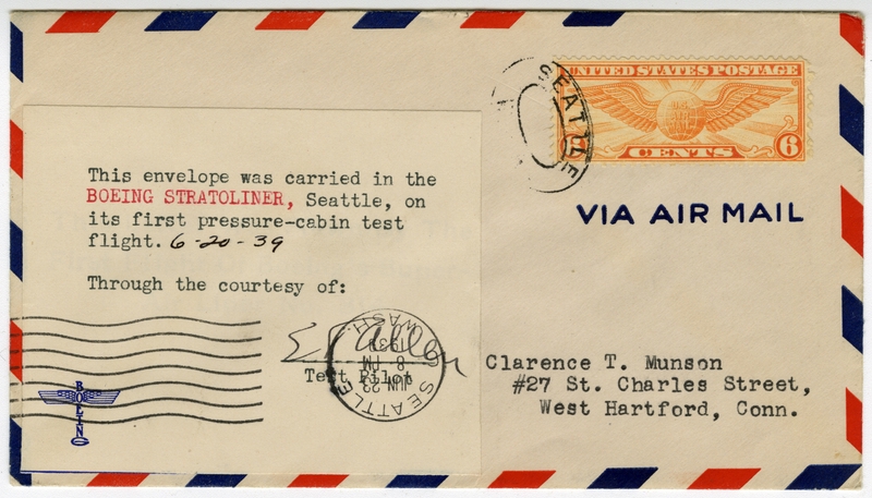 Image: airmail flight cover: Boeing 307 Stratoliner, first pressure-cabin test