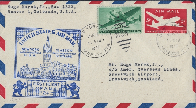 Airmail flight cover: United States Air Mail, FAM-24, New York - Glasgow route
