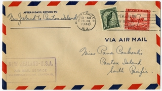 Image: airmail flight cover: New Zealand - Canton Island route