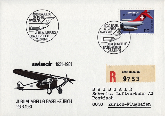 Airmail flight cover: Swissair, 50th anniversary