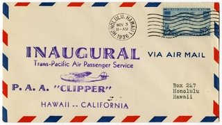 Image: airmail flight cover: Pan American Airways, first passenger flight, Hawaii - San Francisco route