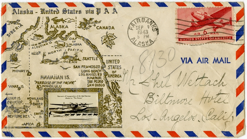 Image: airmail flight cover: Pan American World Airways, Fairbanks - Los Angeles route