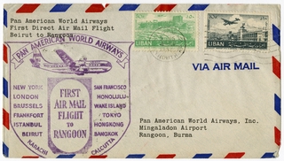 Image: airmail flight cover: Pan American World Airways, first airmail flight, Beirut - Rangoon route
