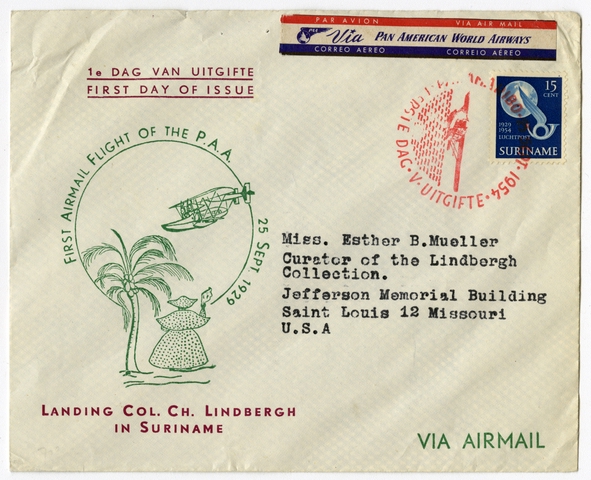 Airmail flight cover: Pan American World Airways, 25th anniversary of Lindbergh flight, Suriname